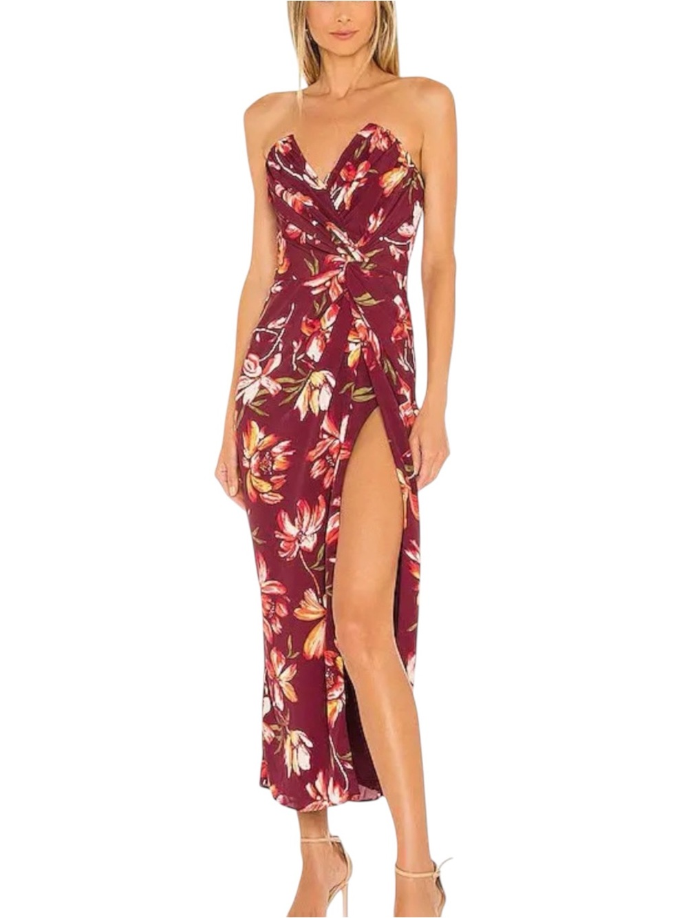 Katie May Come On Home Strapless Burgundy Floral Side Slit Midi Dress XS